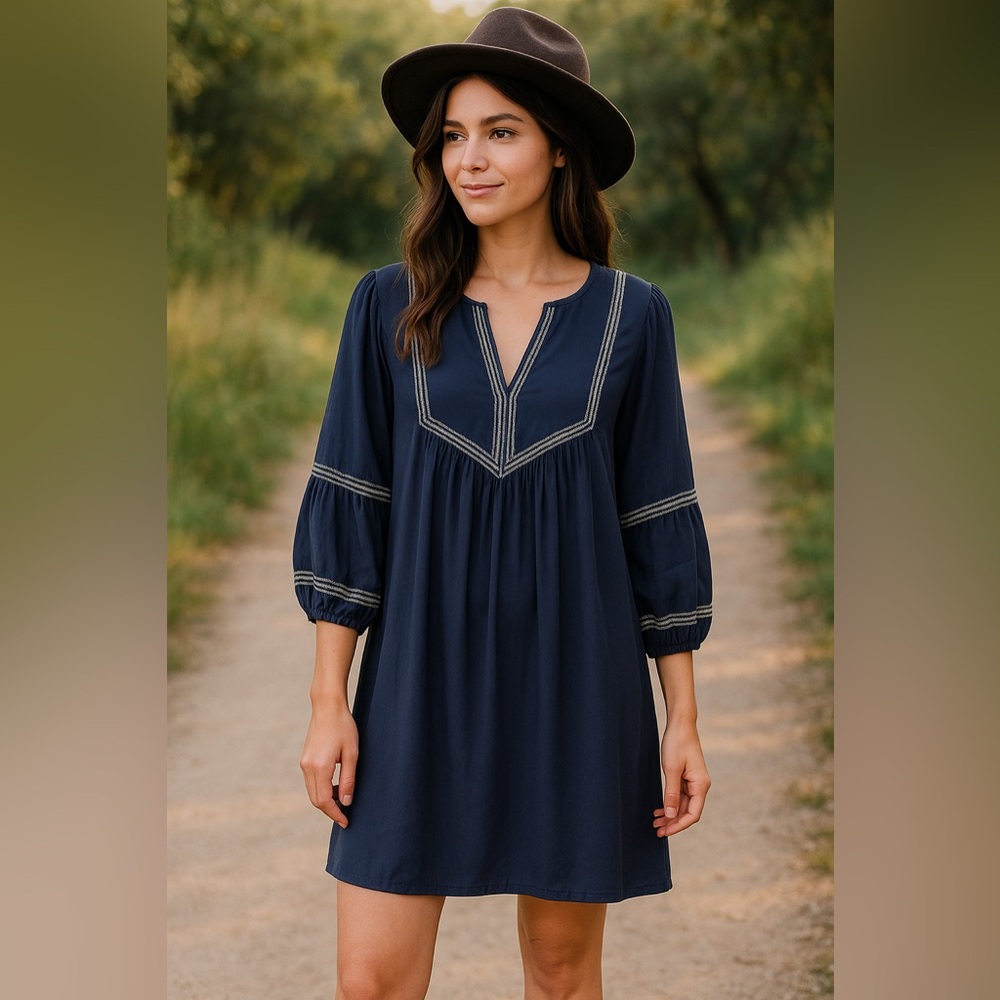 NWT Vaugu Navy Blue Embroidered Boho Blouson Dress Balloon Sleeves Size Small